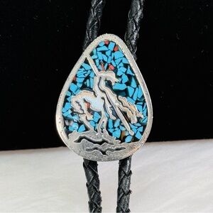 Vintage Black Leather Turquoise Coral Indian Warrior Horse Bolo Tie